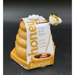 Mini Honey Pot Ceramic Jar & Wood Dipper Joie MSC Beehive with Bee 2002 BPA free